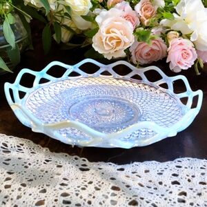 VTG 1930's BLUE FROSTED IRIDESCENT IMPERIAL GLASS BOWL KATY OPEN LACED EDGE
